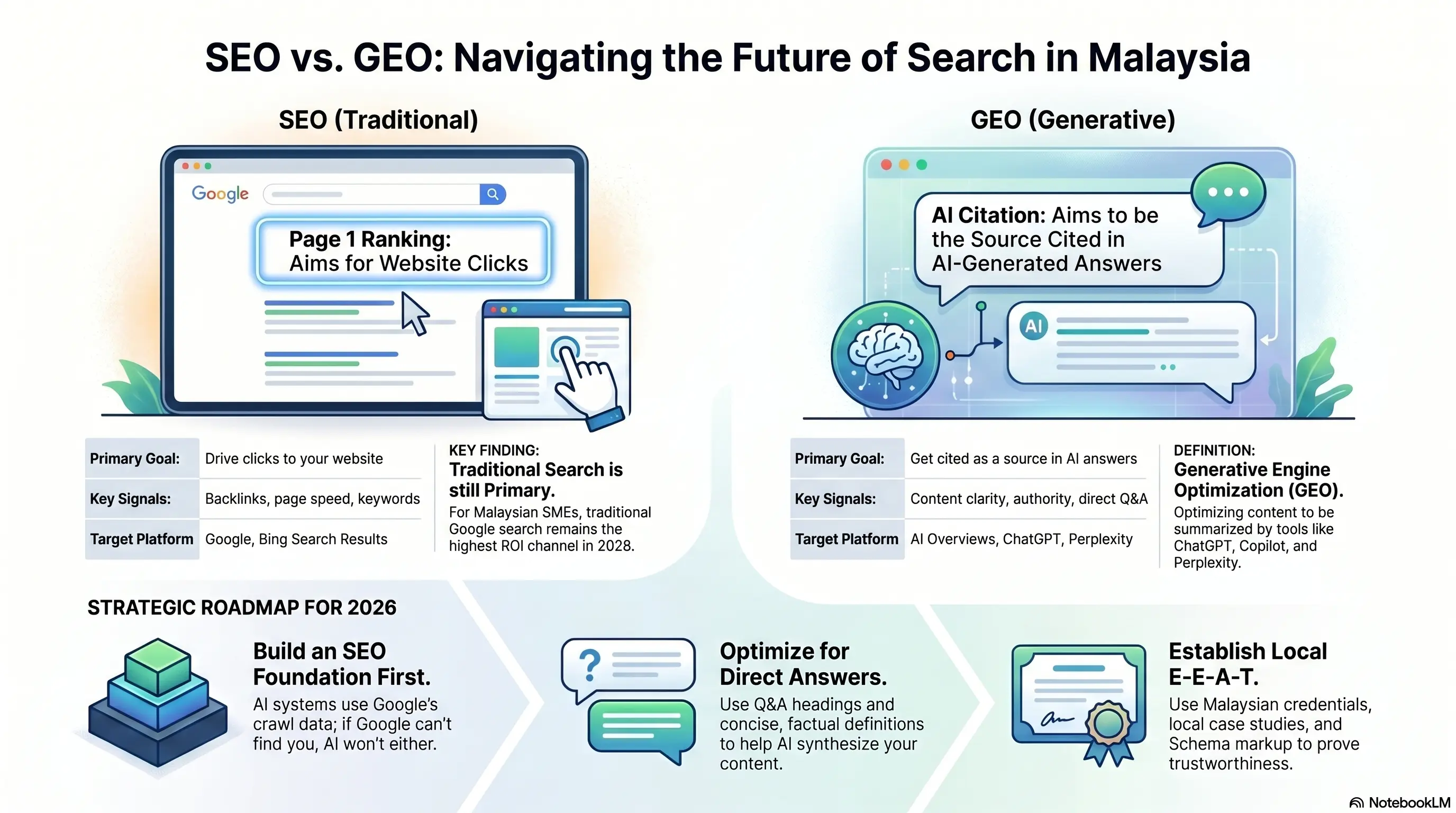 SEO vs GEO infographic — Strategic roadmap for Malaysian businesses in 2026